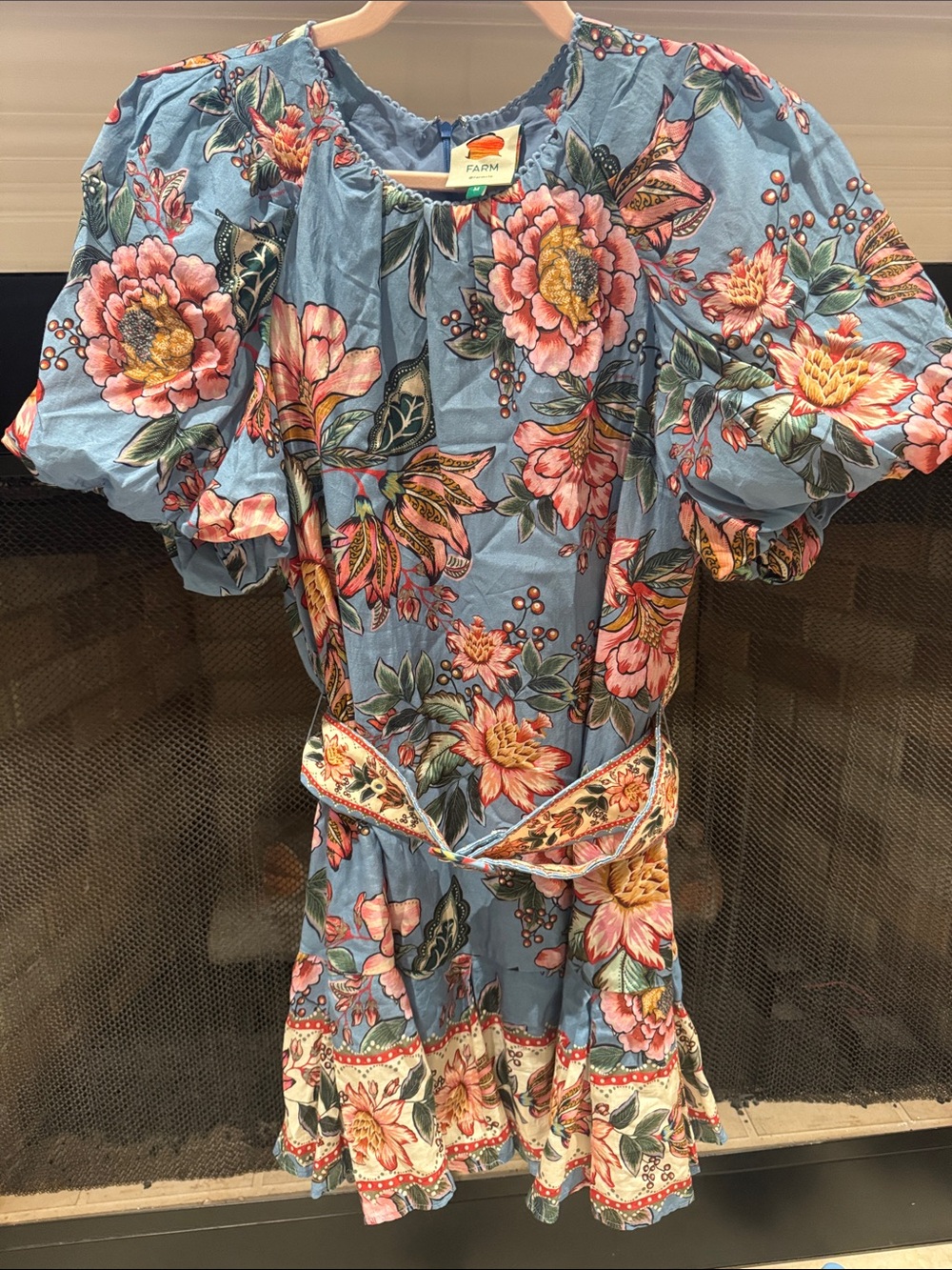 FARM Rio Blue Floral Puff-Sleeve Dress with Pink & Yellow Blooms
